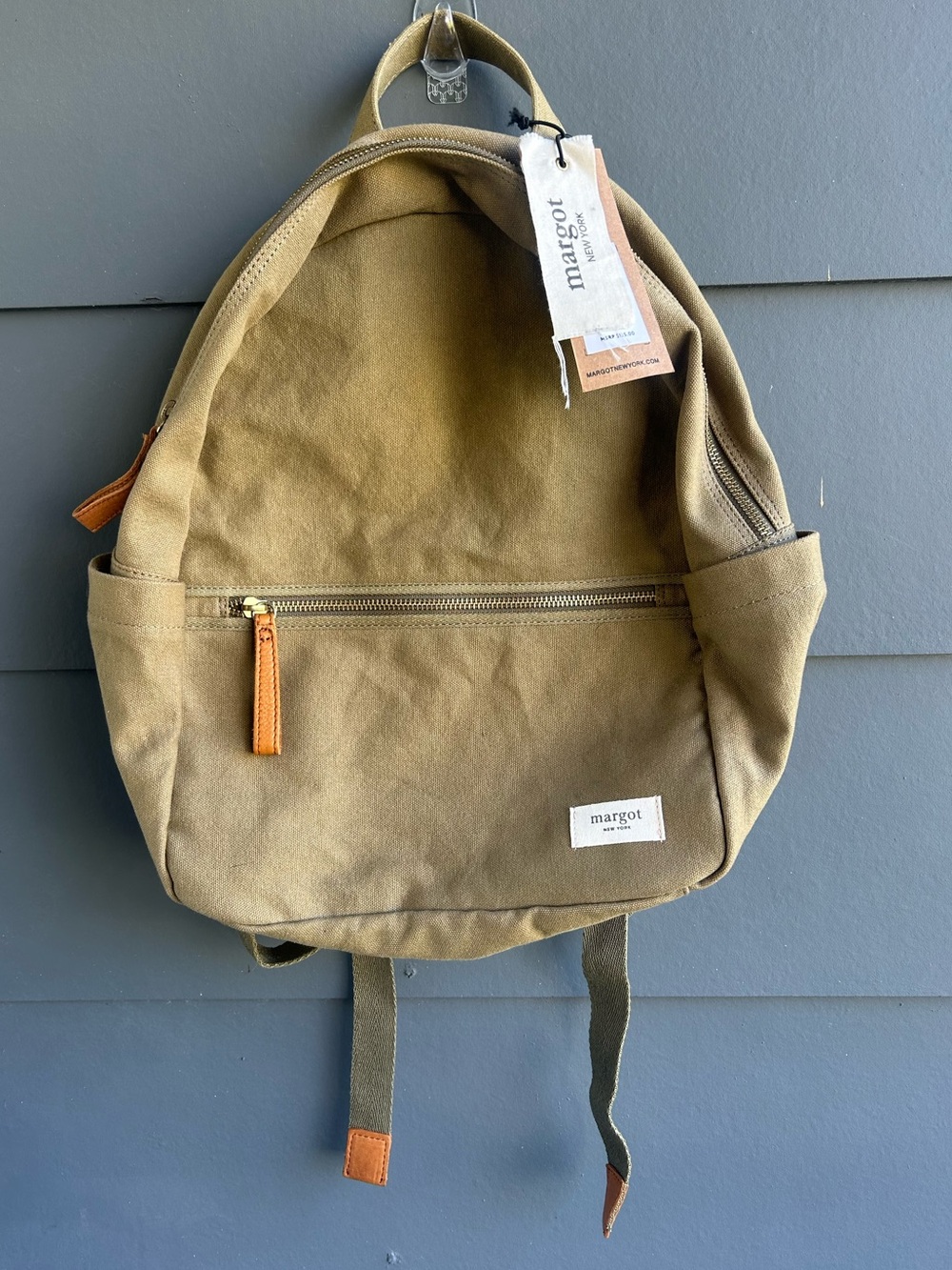 NWT Margot New York Canvas 100% Cotton Travel Backpack School Bag Olive Green
